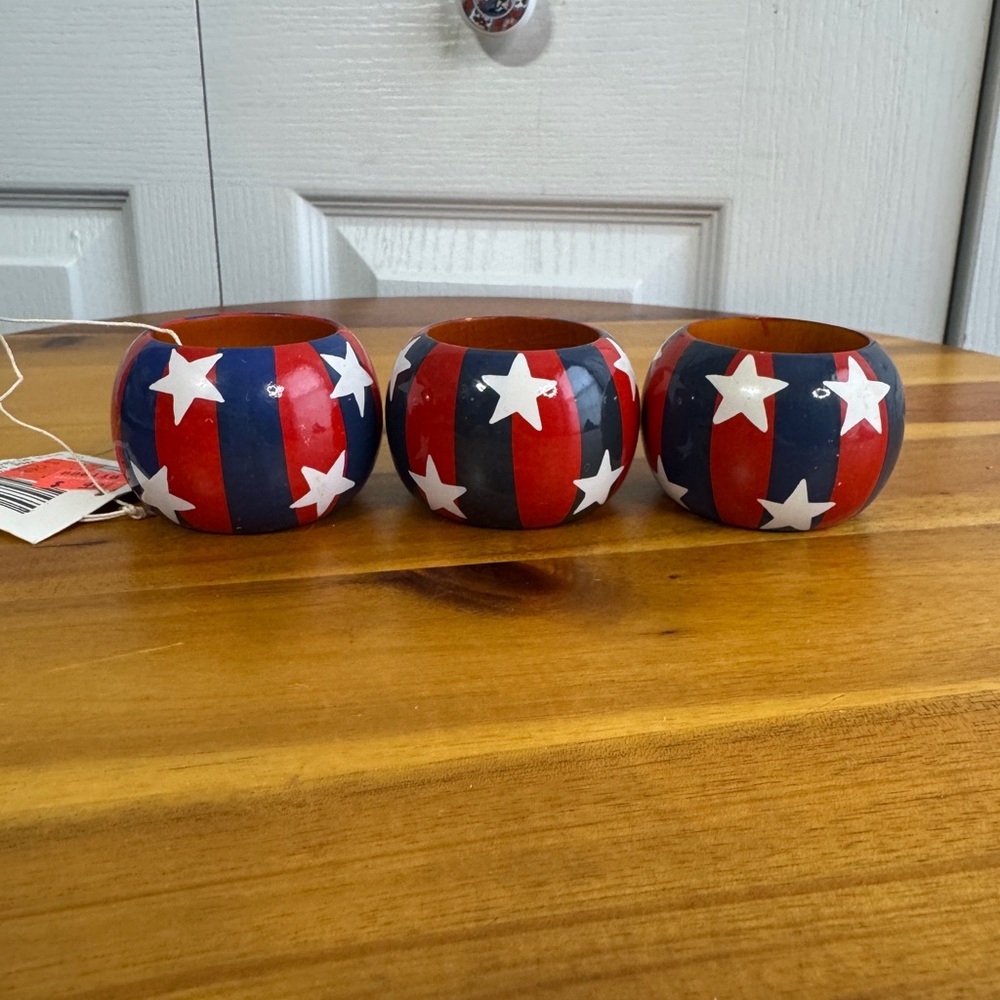 Vintage hand painted stripe and stars wooden napkin rings set of 3